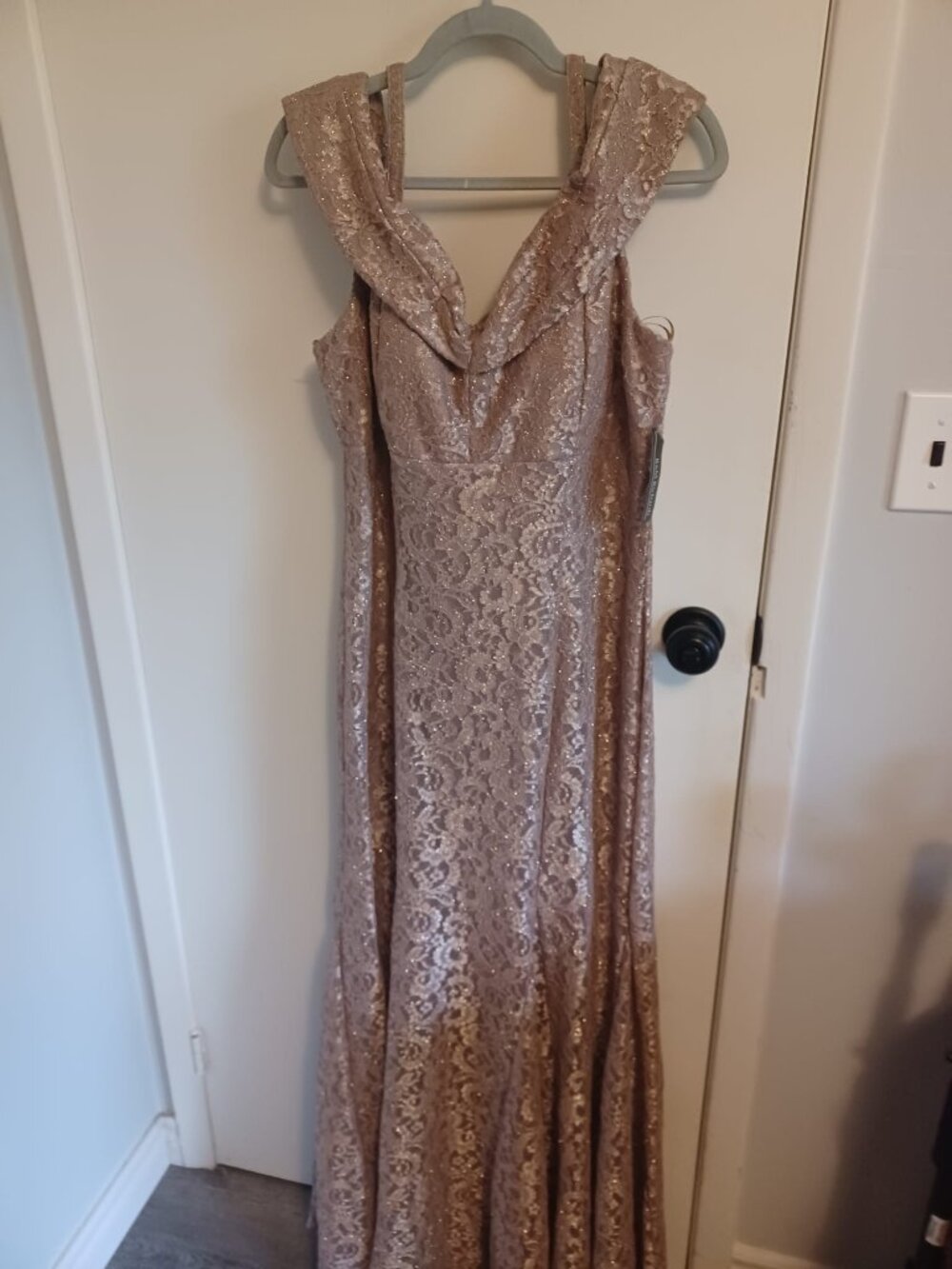 R&M Richards Champagne Lace Off Shoulder Fishtail Evening Gown Size 12 NWT